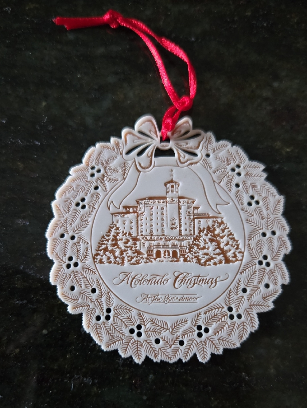 Colorado Christmas at The Broadmoor Ceramic Ornament with Red Ribbon